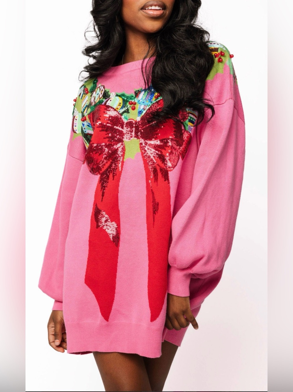 New! QUEEN OF SPARKLES Pink Sequin Wreath Around Neck Holiday Sweater Dress